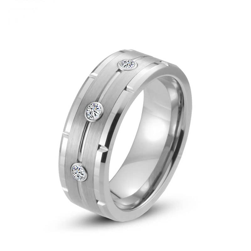 (image for) Mens Tungsten Wedding Bands With CZ Diamond And Brushed Rose Gold Center, Unique Tungsten Carbide Wedding Ring With Grooves - 8mm, Matching Tungsten Jewelry Set