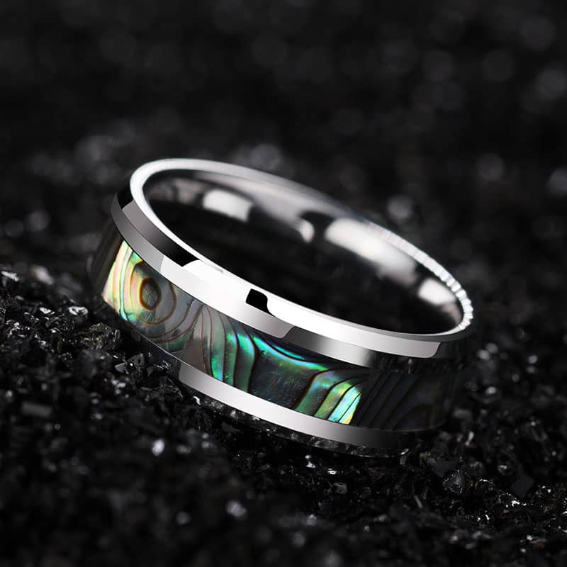 (image for) Mother of Pearl Inlay Tungsten Wedding Band, Unique Tungsten Carbide Wedding Ring Band for Women or Men - 6mm - 8mm, Matching His and Hers Jewelry Set for Couples