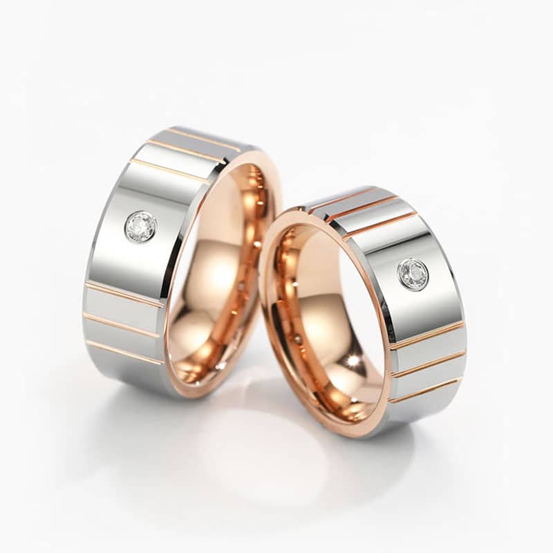(image for) Two-Tone Tungsten Wedding Bands With CZ Diamond And Grooves, Mens Unique Rose Gold Tungsten Carbide Wedding Ring Band - 8mm, Matching Tungsten Jewelry Set