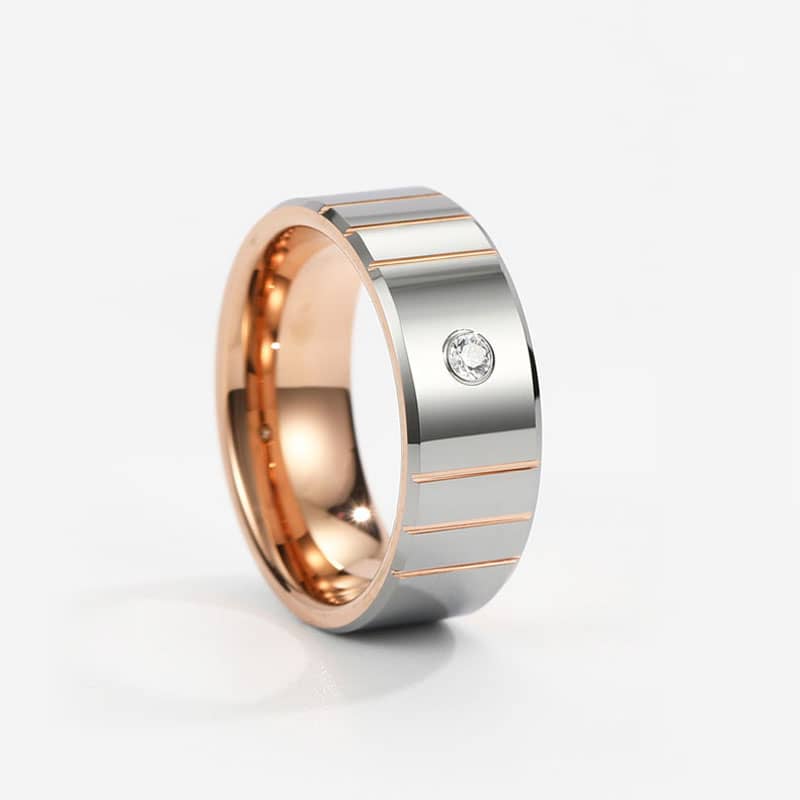 (image for) Two-Tone Tungsten Wedding Bands With CZ Diamond And Grooves, Mens Unique Rose Gold Tungsten Carbide Wedding Ring Band - 8mm, Matching Tungsten Jewelry Set