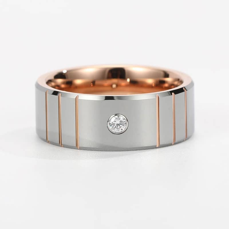 (image for) Two-Tone Tungsten Wedding Bands With CZ Diamond And Grooves, Mens Unique Rose Gold Tungsten Carbide Wedding Ring Band - 8mm, Matching Tungsten Jewelry Set