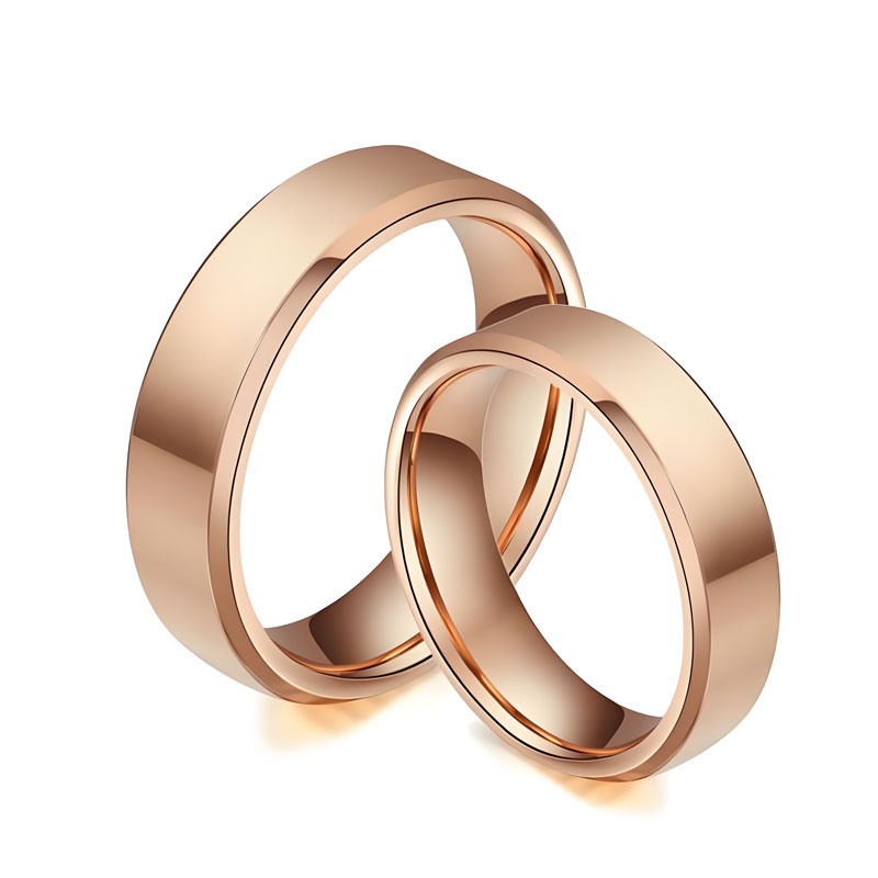 (image for) Matching Rose Gold Tungsten Couple Rings with Flat Center and Beveled Edges
