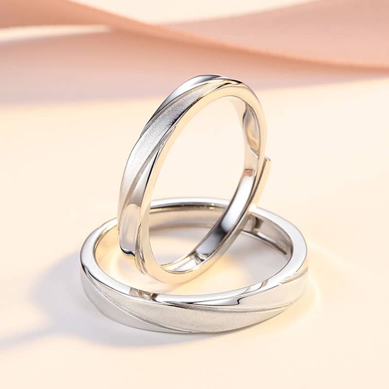 (image for) Sterling Silver Matching Couple Wave Promise Rings Set With Center Matte Finish