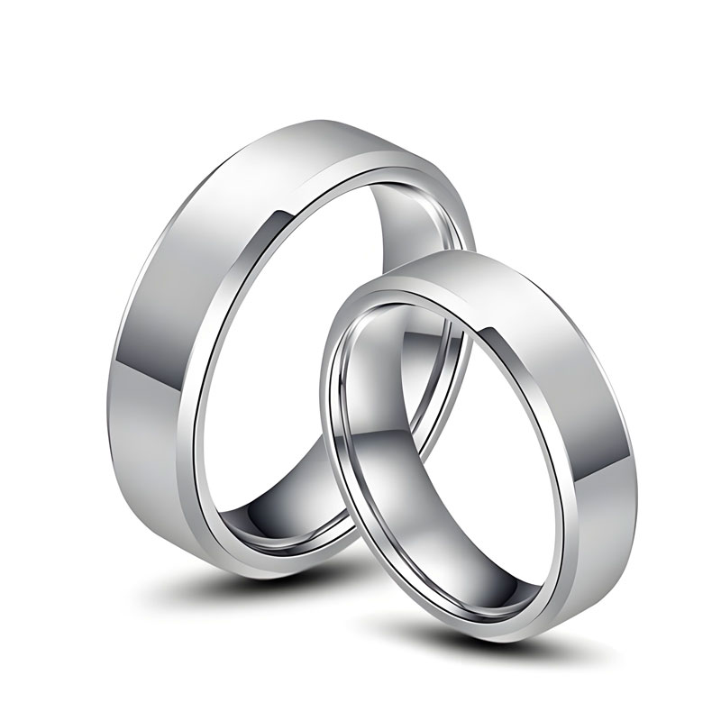 (image for) Silver White Tungsten Couple Rings High Polished Matching His and Hers Wedding Bands with Beveled Edges