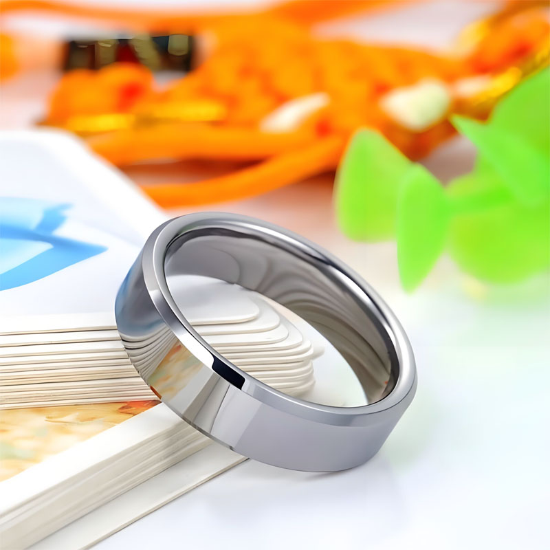 (image for) Silver White Tungsten Couple Rings High Polished Matching His and Hers Wedding Bands with Beveled Edges