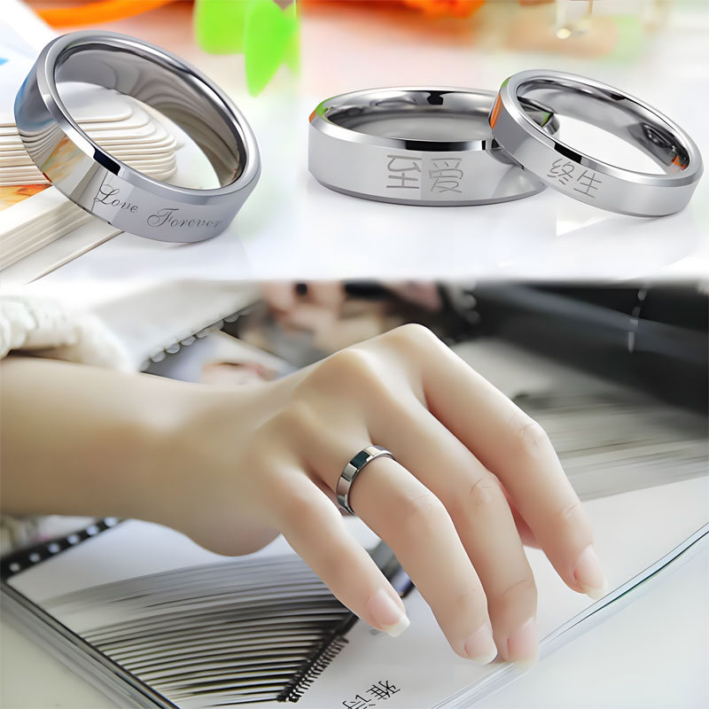 (image for) Silver White Tungsten Couple Rings High Polished Matching His and Hers Wedding Bands with Beveled Edges