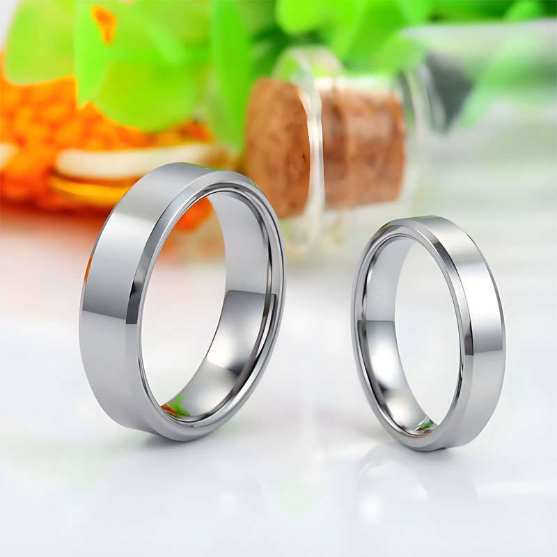 (image for) Silver White Tungsten Couple Rings High Polished Matching His and Hers Wedding Bands with Beveled Edges