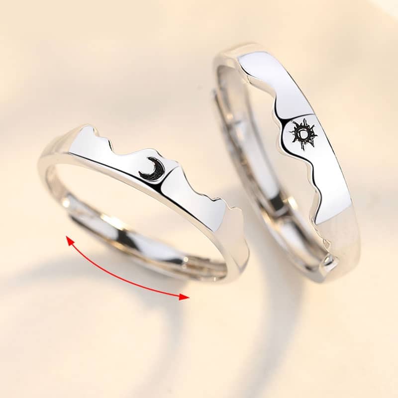 (image for) Sun And Moon Polished Sterling Silver Matching Couple Heartbeat Rings - Adjustable Size