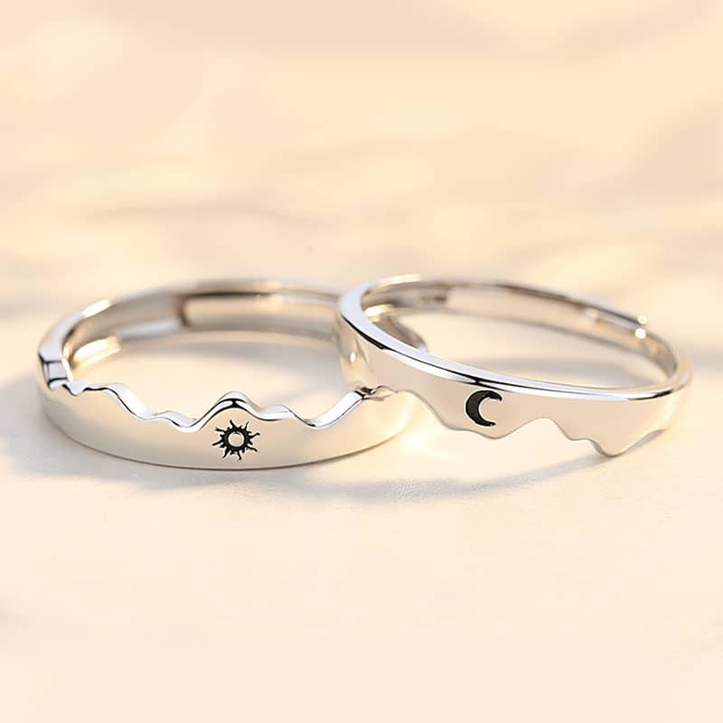 (image for) Sun And Moon Polished Sterling Silver Matching Couple Heartbeat Rings - Adjustable Size
