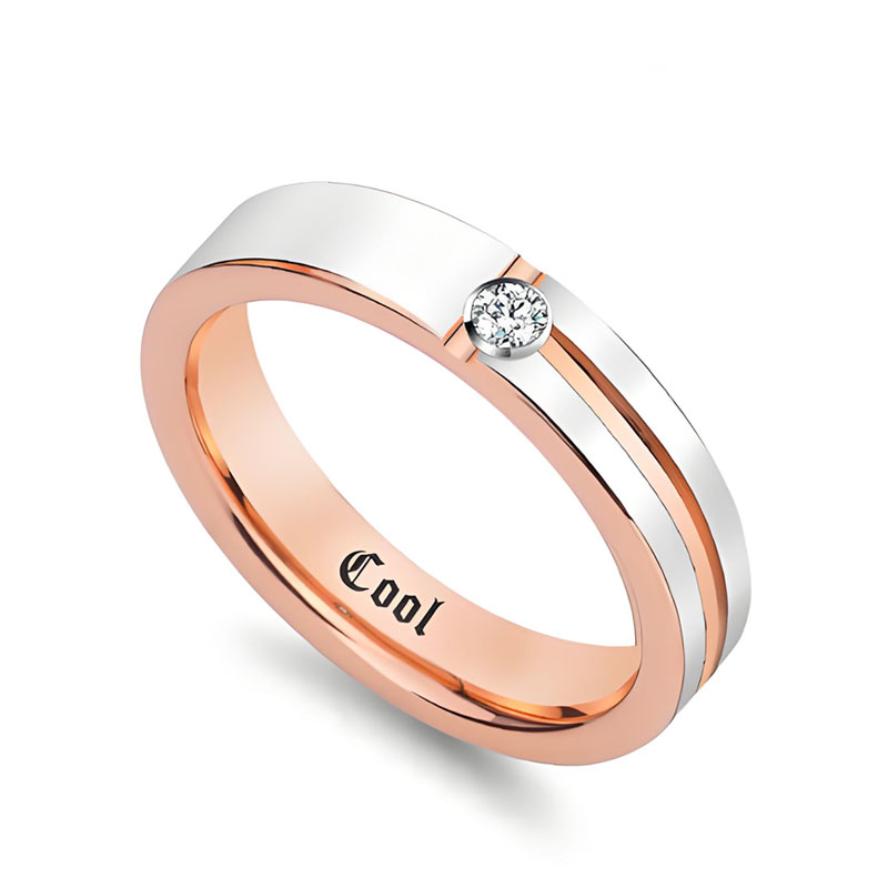 (image for) Tungsten Womens Silver White and Rose Gold Two Tone Engagement Ring with Diamond and Grooves 4mm 5mm