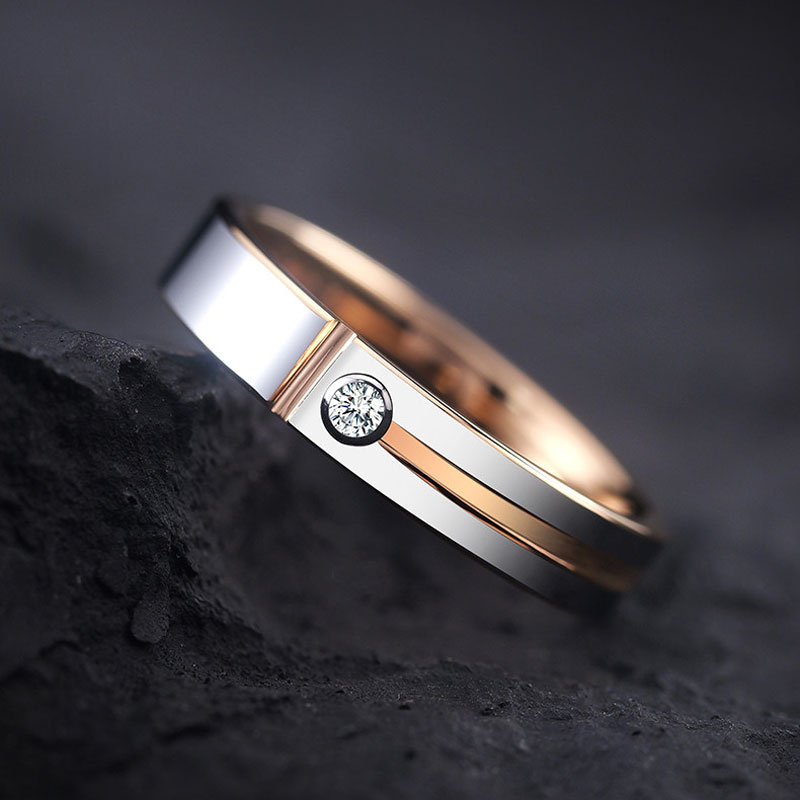 (image for) Tungsten Womens Silver White and Rose Gold Two Tone Engagement Ring with Diamond and Grooves 4mm 5mm