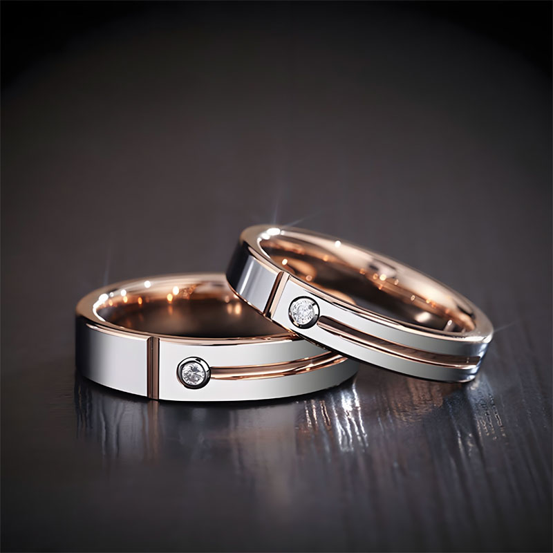 (image for) Tungsten Womens Silver White and Rose Gold Two Tone Engagement Ring with Diamond and Grooves 4mm 5mm