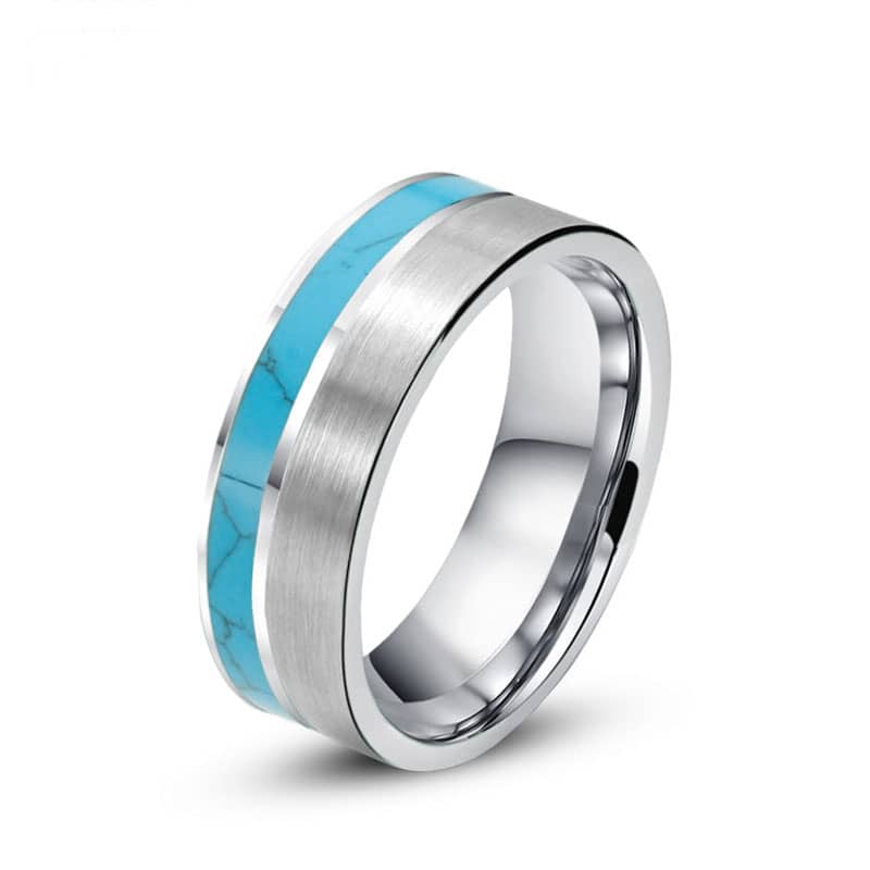 (image for) Turquoise Inlaid Tungsten Wedding Band, Unique Tungsten Carbide Wedding Ring Band with Brushed Center - 6mm - 8mm, Matching Couples Jewelry Set for Him and Her