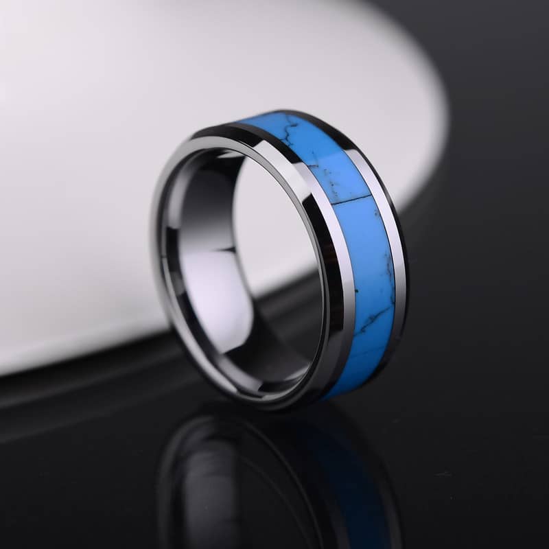 (image for) Turquoise Inlay Tungsten Wedding Band, Unique Natural Gemstone Tungsten Carbide Wedding Ring Band - 6mm - 8mm, Matching Couples Jewelry Set for Him and Her