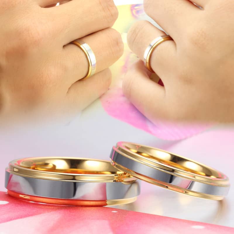 (image for) Two-Tone Tungsten Wedding Bands Set, Step-Edge Gold Tungsten Carbide Wedding Ring Band with Polished Raised Center, Matching His and Hers Jewelry Set for Couples