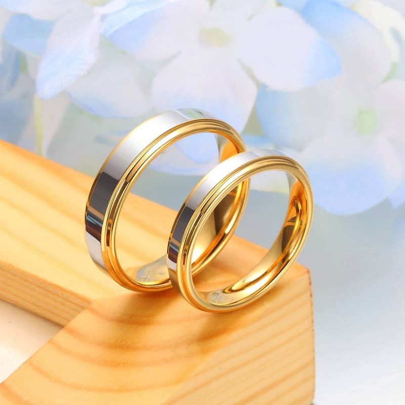 (image for) Two-Tone Tungsten Wedding Bands Set, Step-Edge Gold Tungsten Carbide Wedding Ring Band with Polished Raised Center, Matching His and Hers Jewelry Set for Couples