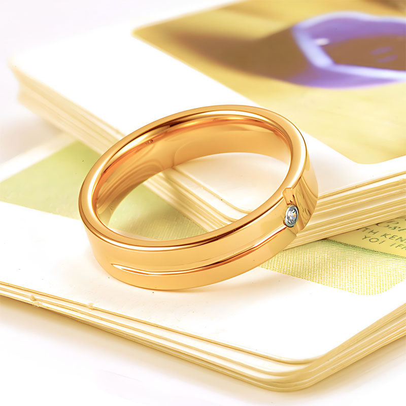 (image for) Womens Yellow Gold Tungsten Ring 4mm 5mm Wedding Band With Diamond and Grooves