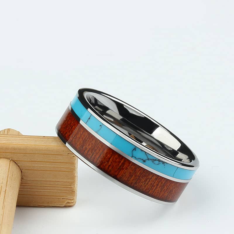 (image for) Tungsten Wedding Band, Wood and Turquoise Inlay Tungsten Carbide Wedding Band, 6mm / 8mm Flat Tungsten Wedding Ring, Matching His and Hers Jewelry for Couples